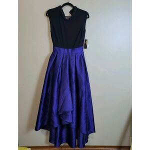 Ignite Evening Missy Sleeveless Beaded Neck Collar Prom Dress Gown, Black/Indigo